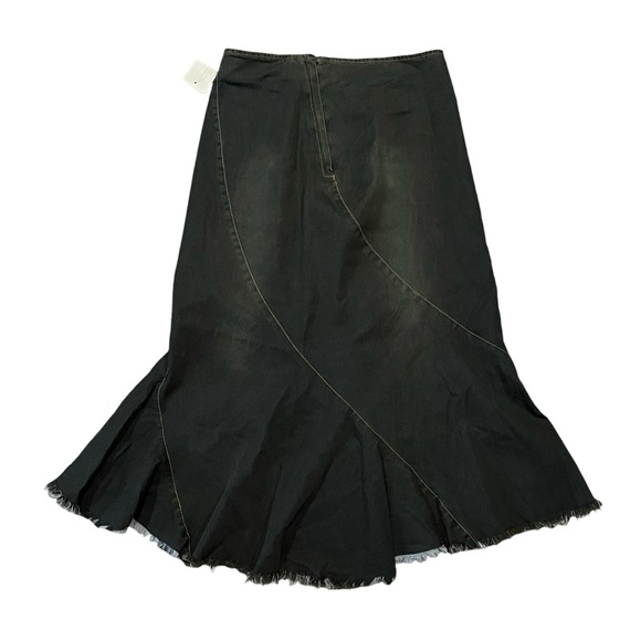Chagall | Y2K High Waisted Green Tinted Denim Midi Skirt w/ Embroidery & Ruffles - Picture 6 of 8